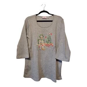 Quacker Factory Embroidered Holiday Shirt Womens LG Fireplace Tree Cat Dog Retro